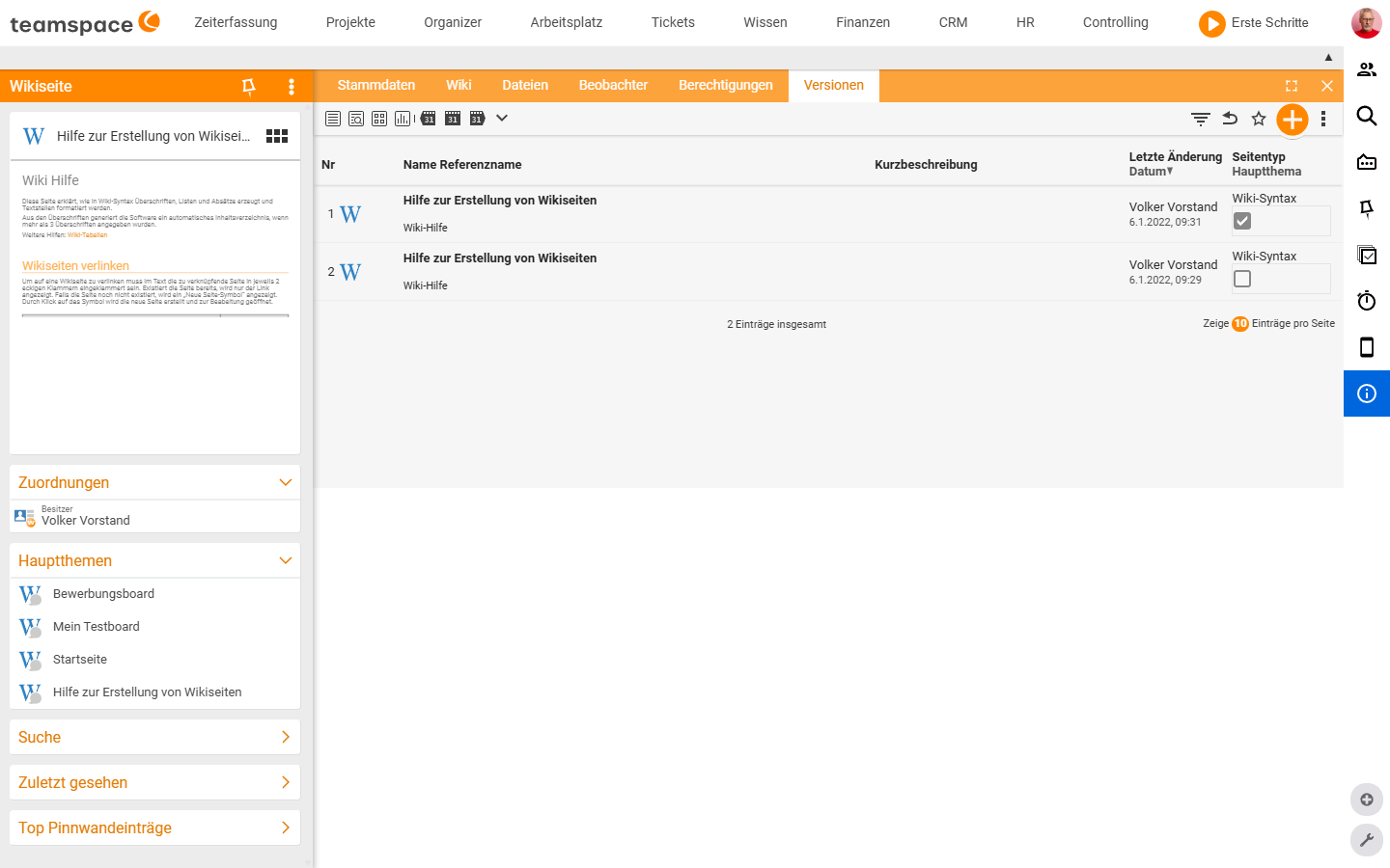 The detail manager, Versions tab with the history of the saved states of a wiki page