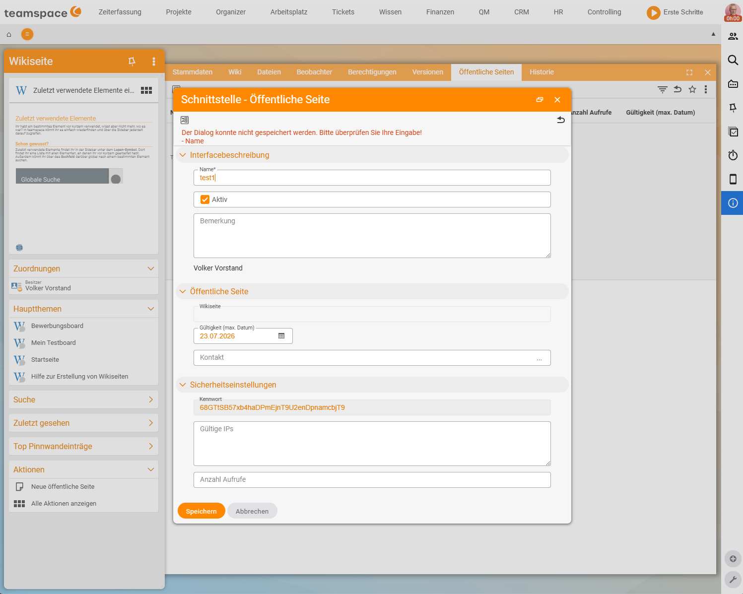 The Interface – Public page dialog on a wiki page's Public pages tab: Name and Active fields, the wiki page to be shared, Validity (max. date), Contact and the security settings Password, Valid IPs and Number of views.
