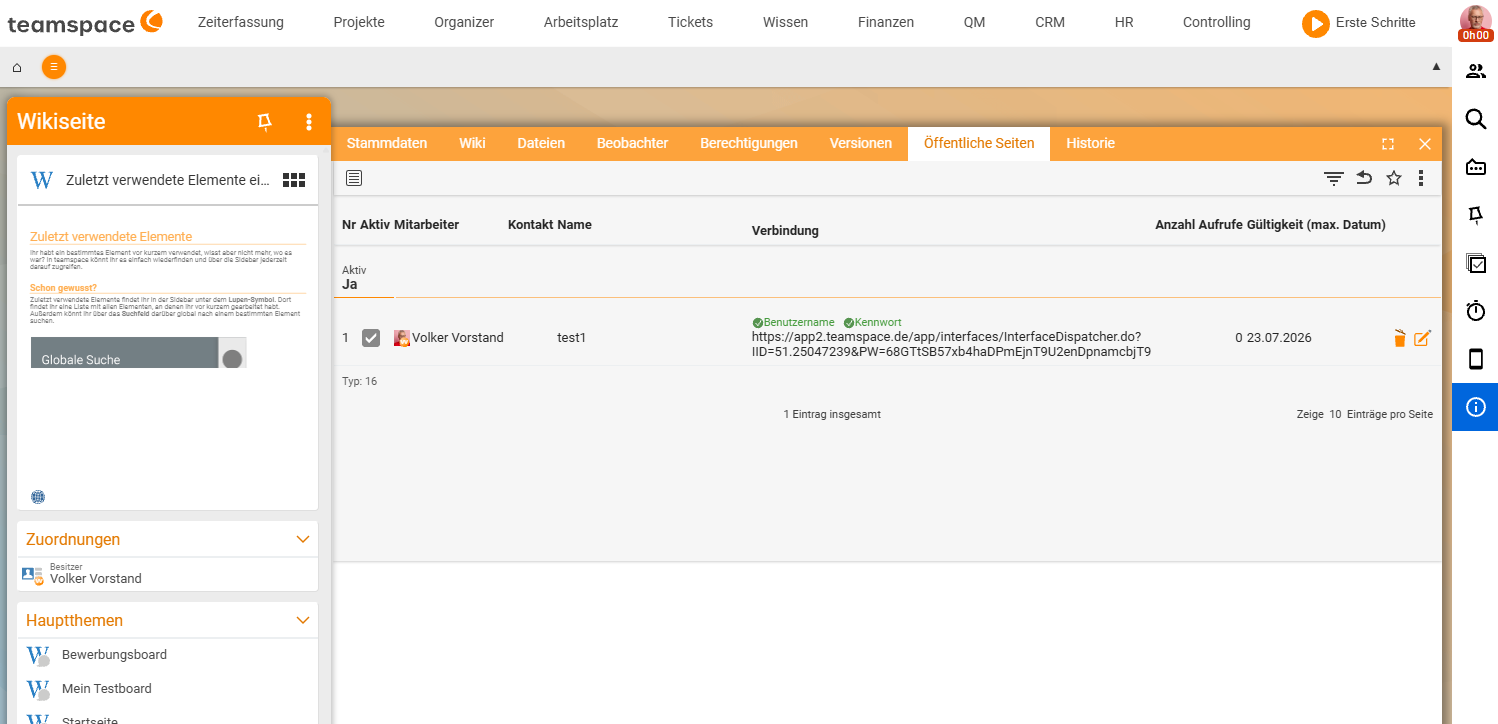 A wiki page's Public pages tab with the created public page: an active entry with employee, contact name, the access link (username/password, InterfaceDispatcher URL), number of views and validity.