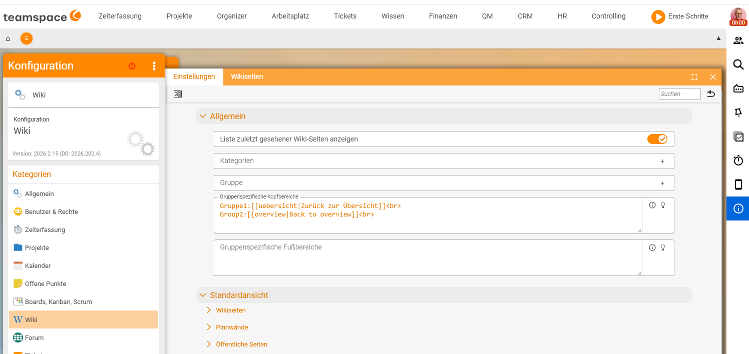 The wiki configuration (Configuration → Wiki → Settings), General area: a 'Show list of recently viewed wiki pages' switch, Categories/Group fields and the input fields 'Group-specific header areas' (with example entries per group) and 'Group-specific footer areas'.