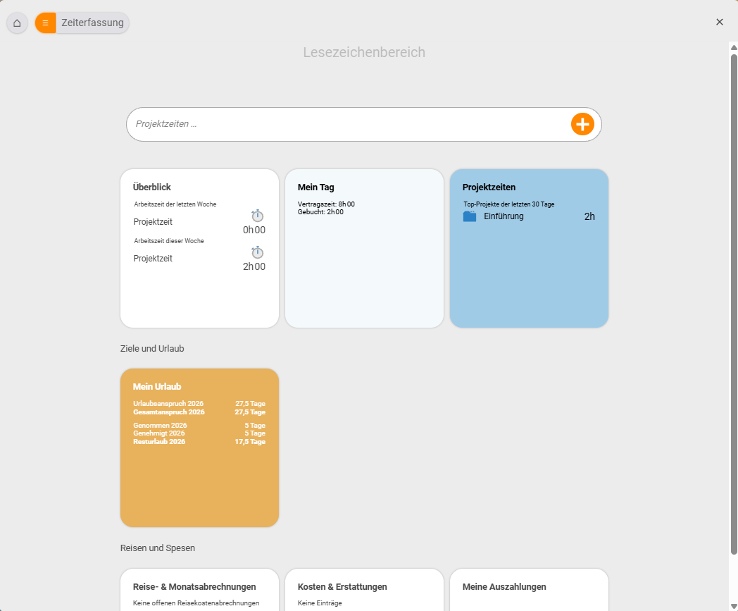 Time tracking area with the tiles Overview, My day, Project times and My leave, plus Travel and Expenses