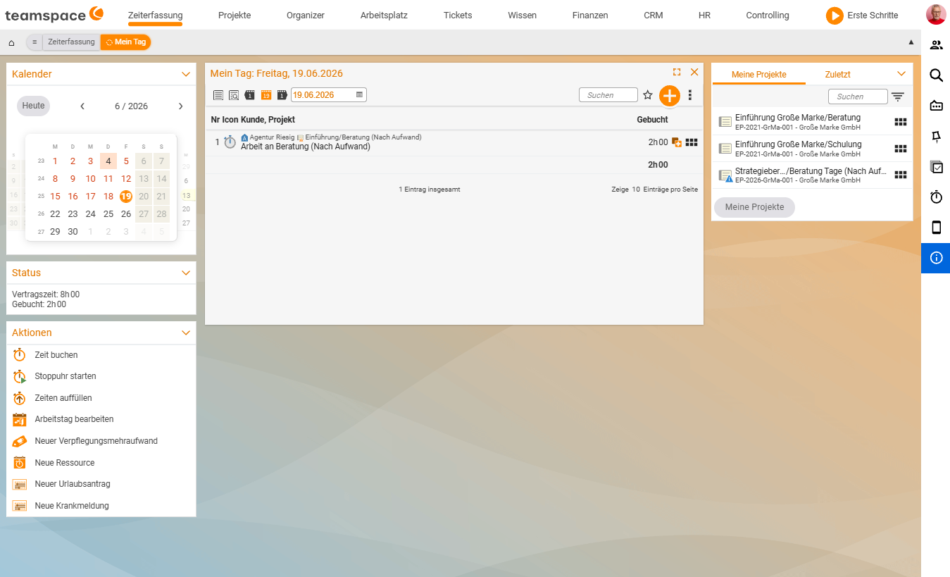My day view showing the booked time and the actions sidebar (Book time, Start stopwatch, Edit working day)