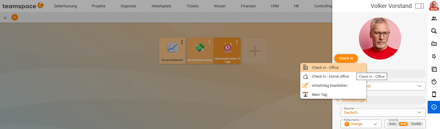 Check-in drop-down menu for choosing the work location: Check in – Office and Check in – Home office