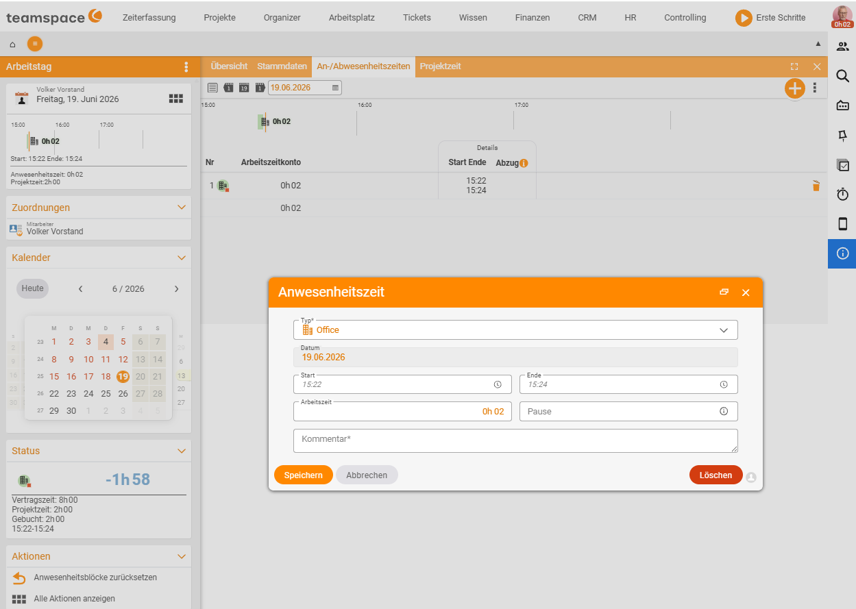 Attendance/absence times tab with the daily attendance chart (timeline) and the open dialog for editing an attendance block