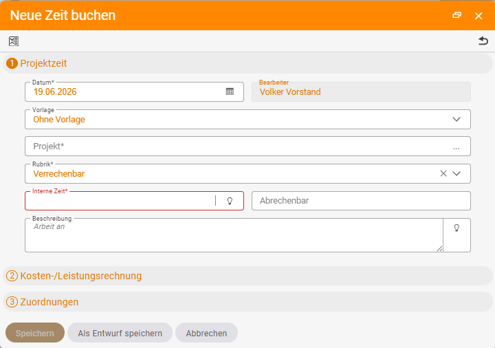 Book new time dialog with fields for date, template, project, category (Billable), Internal time and description