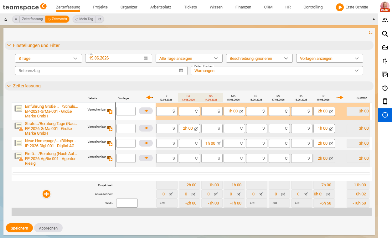 Time matrix with projects as rows and days as columns, below them the info rows Project time, Attendance and Balance