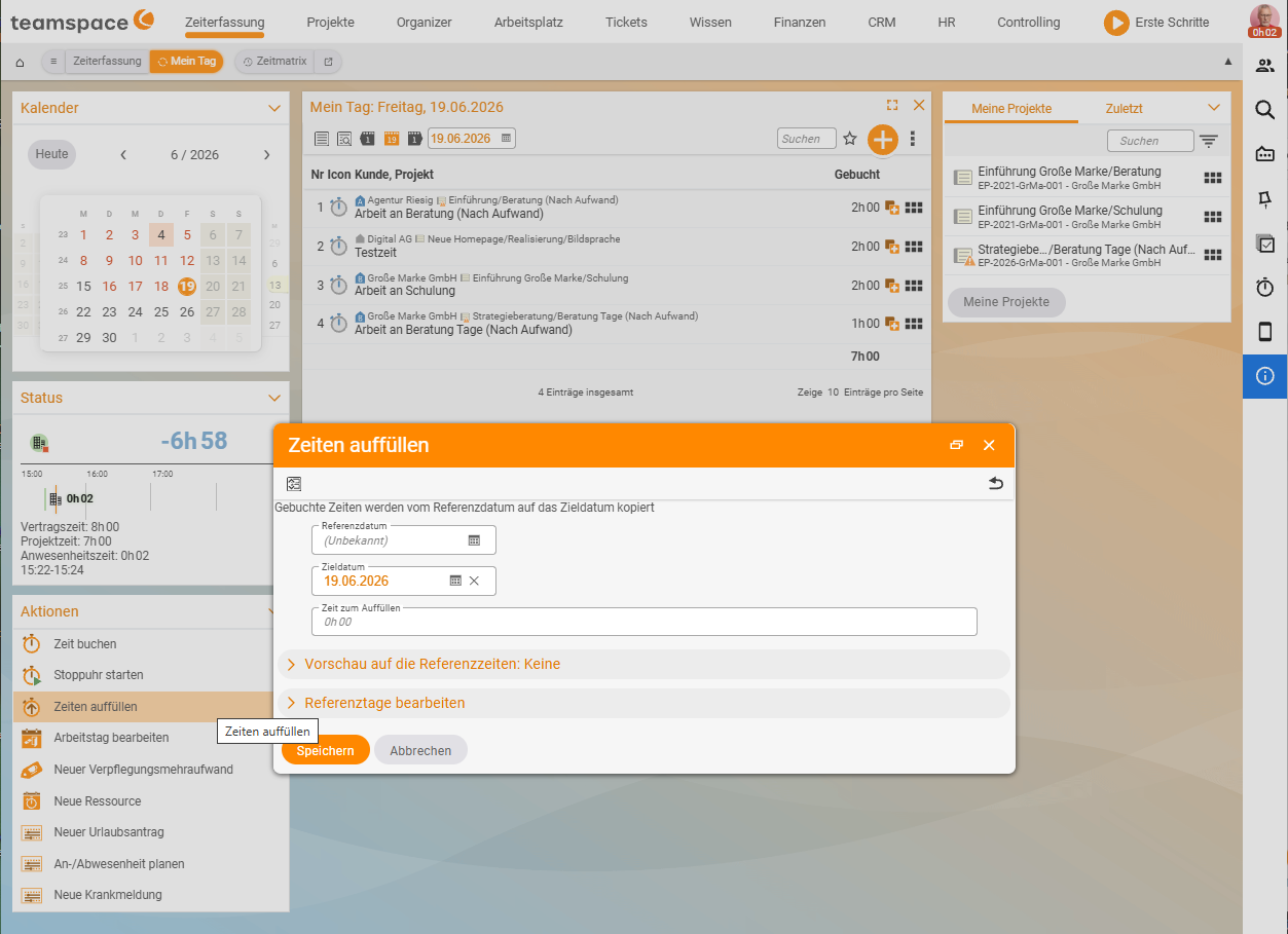 Fill in times dialog with the selection of a reference day that is transferred to the target days