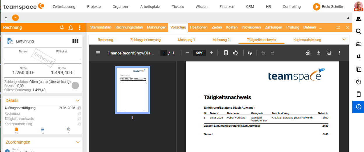 Invoice in the Preview tab with the activity report PDF: date, assignee, category, description and booked hours
