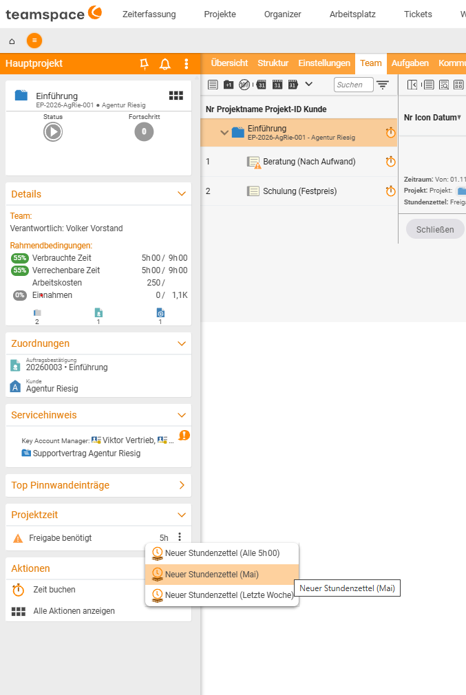 Project sidebar Project time with Approval required and the menu New timesheet (All, Month, Last week)