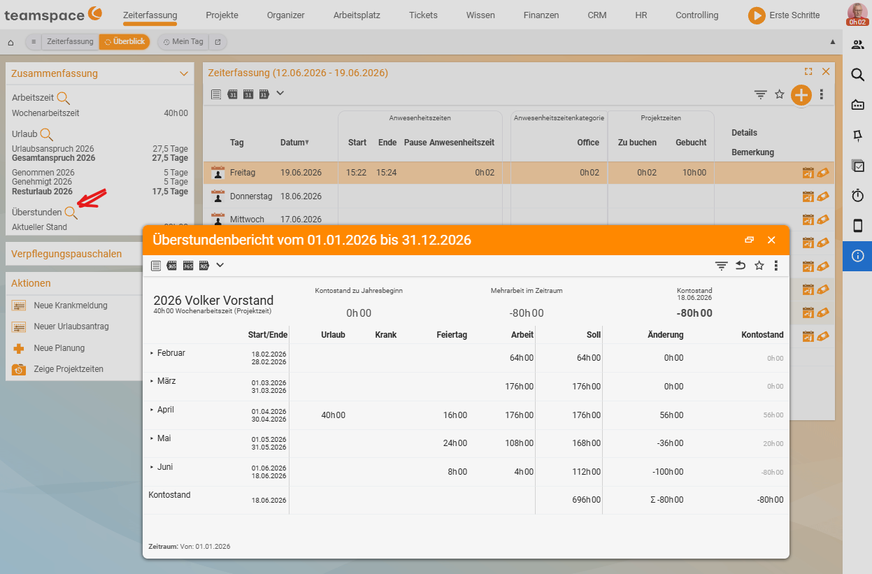 Overtime-account analysis for the year with balances, next to it the summary with the current overtime balance