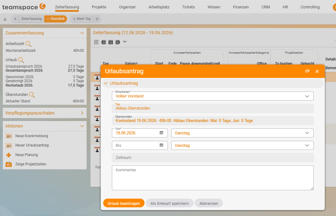 Leave request dialog with from/to date, next to it the summary with leave entitlement and remaining leave