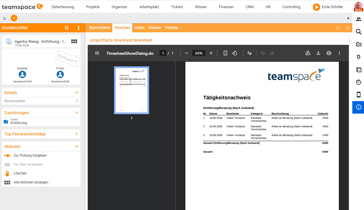 Timesheet in the Preview tab with the PDF and the action Submit for review