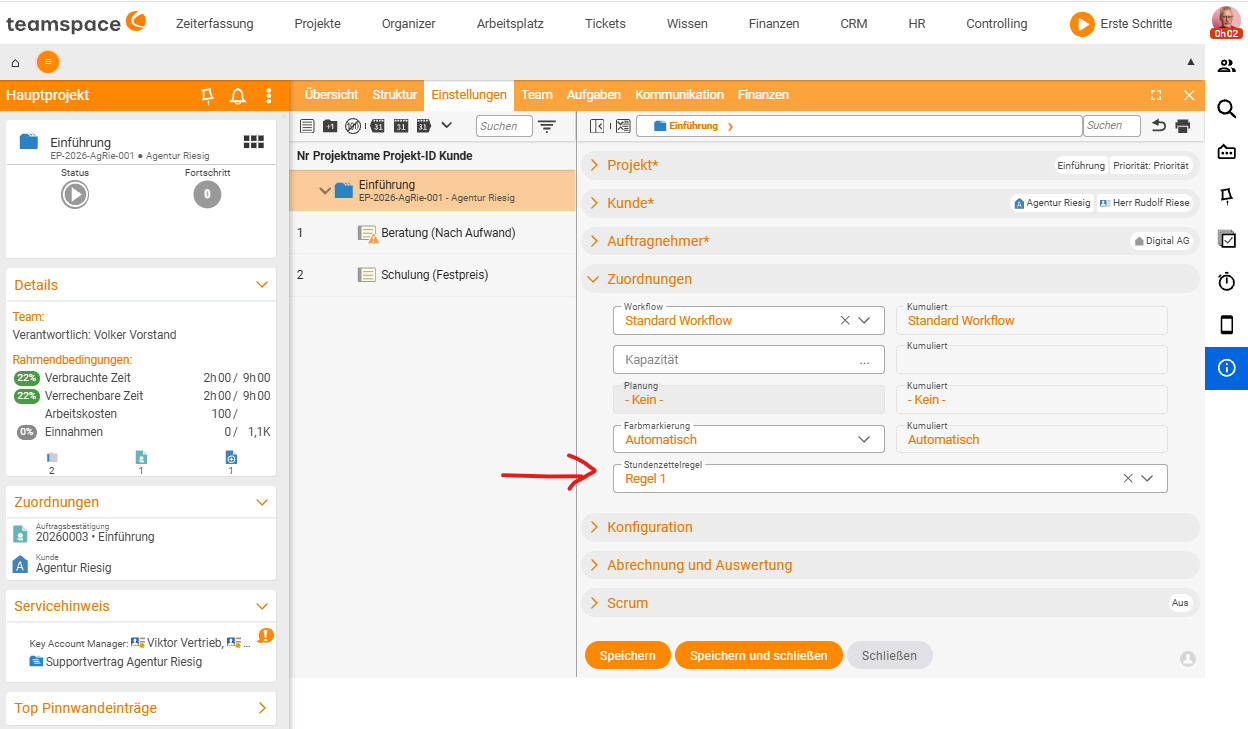 Project master data, Assignments section with the Timesheet rule field (Rule 1)