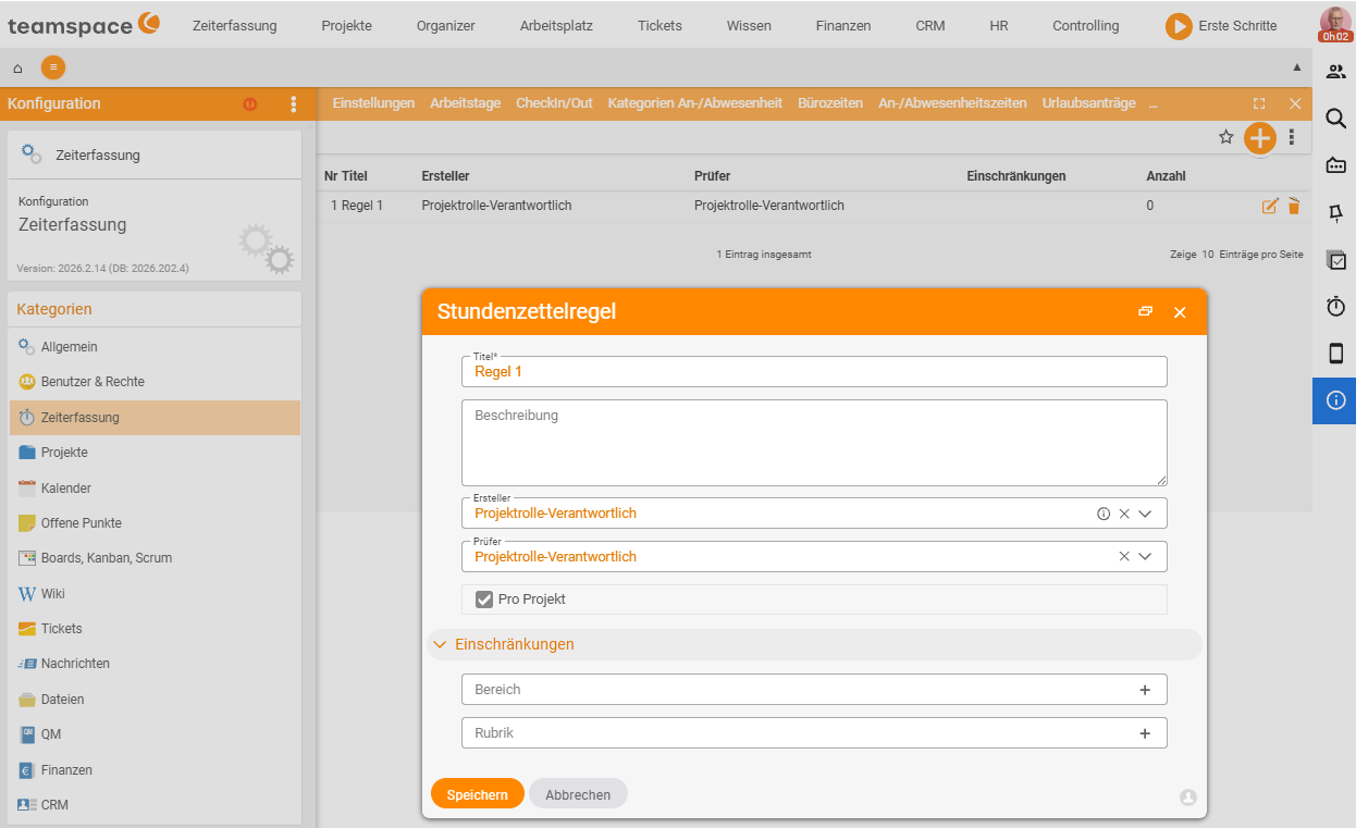 Timesheet rule dialog with title, creator and reviewer (project role Responsible) and the Per project option