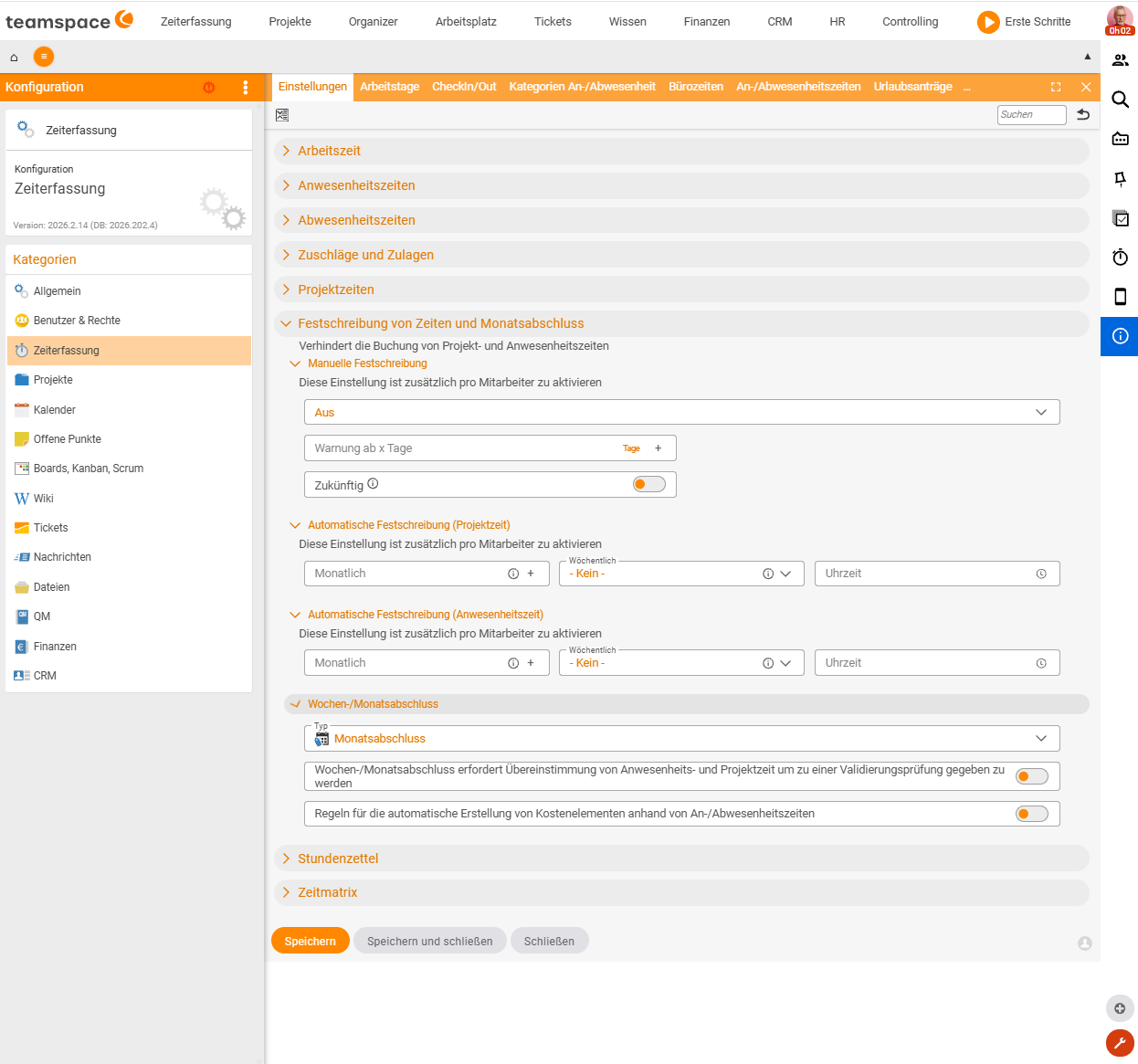 Time-tracking configuration with the expanded Locking of times and month-end section (manual and automatic locking)