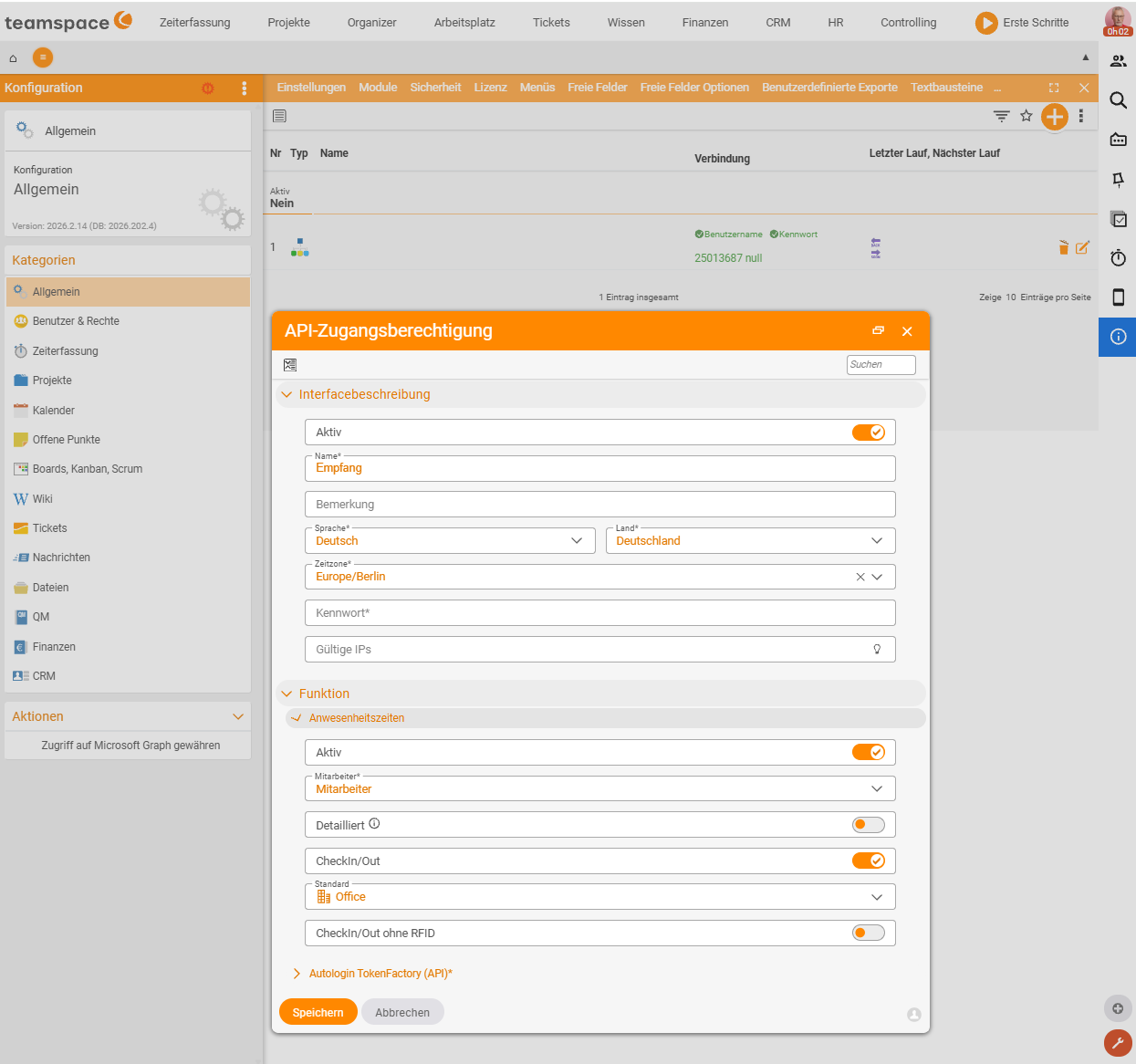 Access authorisation dialog in the configuration with the Attendance times function, CheckIn/Out enabled and the default category Office