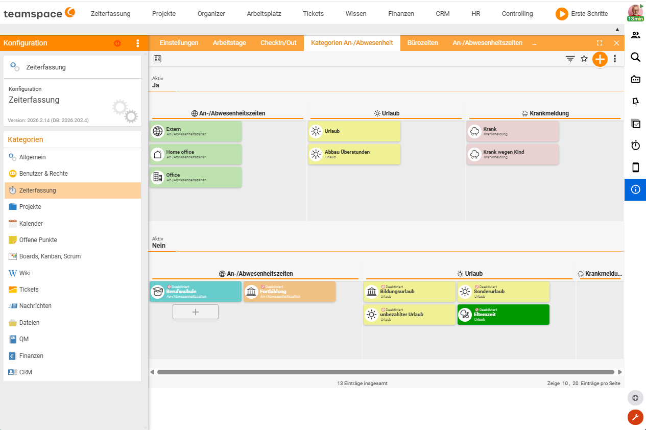 Attendance/absence categories tab with the active categories (External, Home office, Office; Leave; Sick note) and the inactive ones below