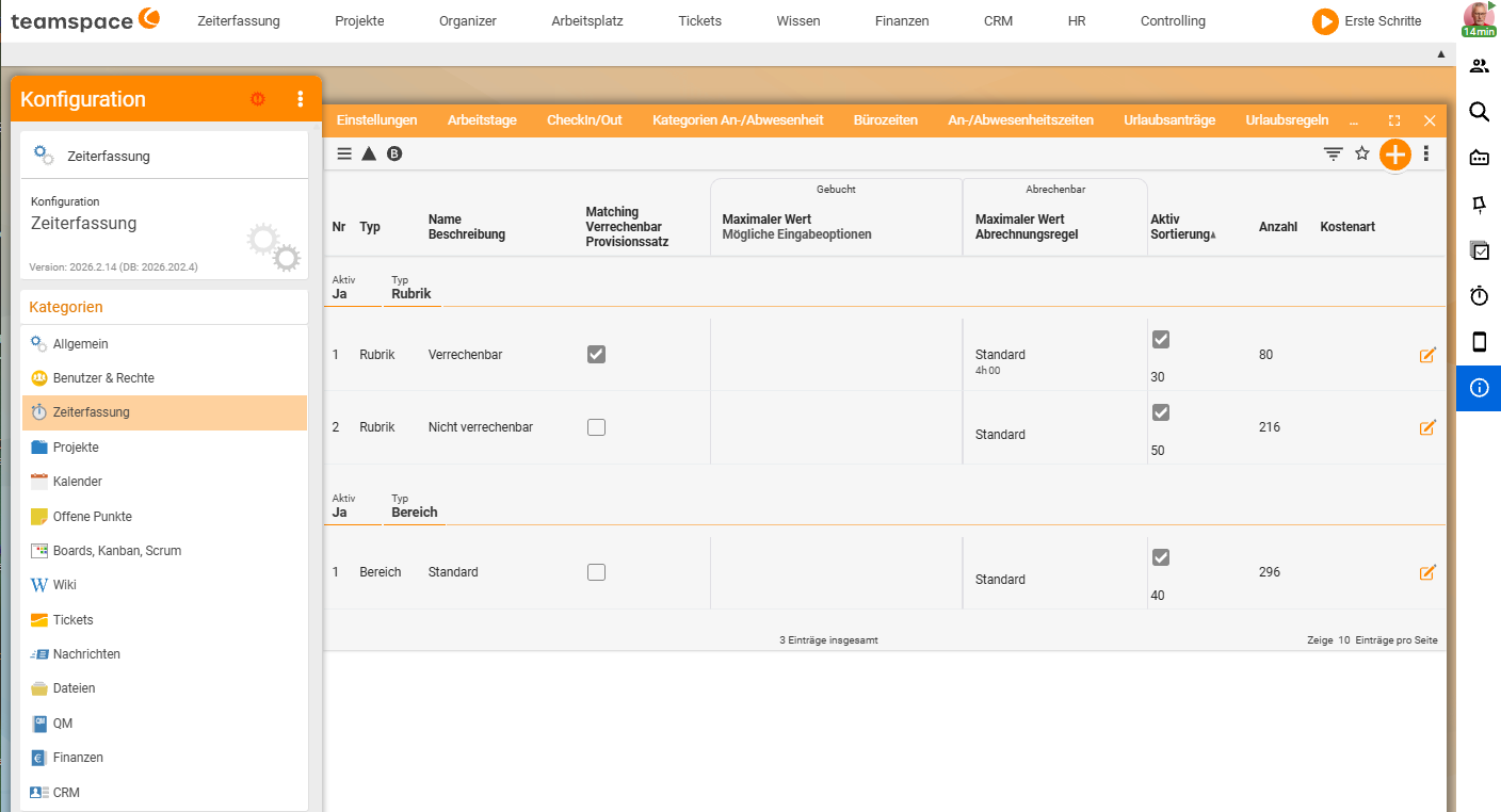 Time-tracking configuration with the categories (Billable, Non-billable) and the Standard area for project times
