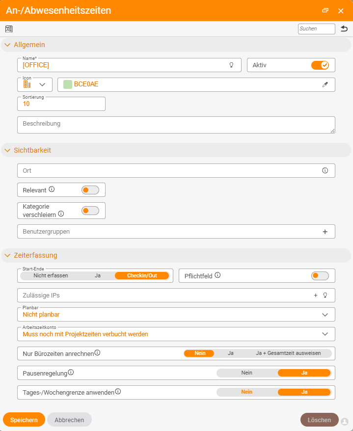 Attendance/absence category dialog with name, icon, sorting and, in the Time tracking section, the Start-end switch set to CheckIn/Out and the break rule