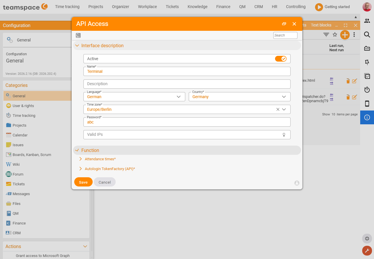 'API access authorisation' dialog – granting rights with the time-tracking options