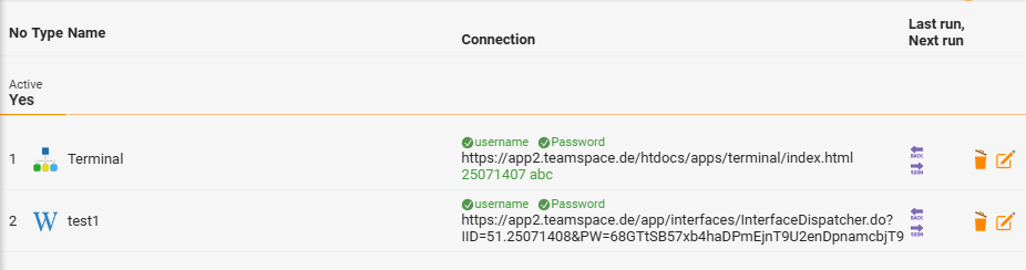 Credentials of the API access authorisation after saving