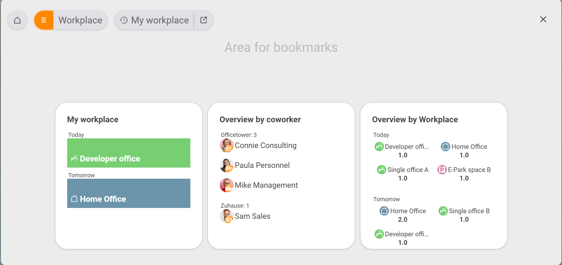 Workplace module, bookmarks area with the three tiles My workplace (home office today, executive office in 3 days), Employee overview and Workplace overview