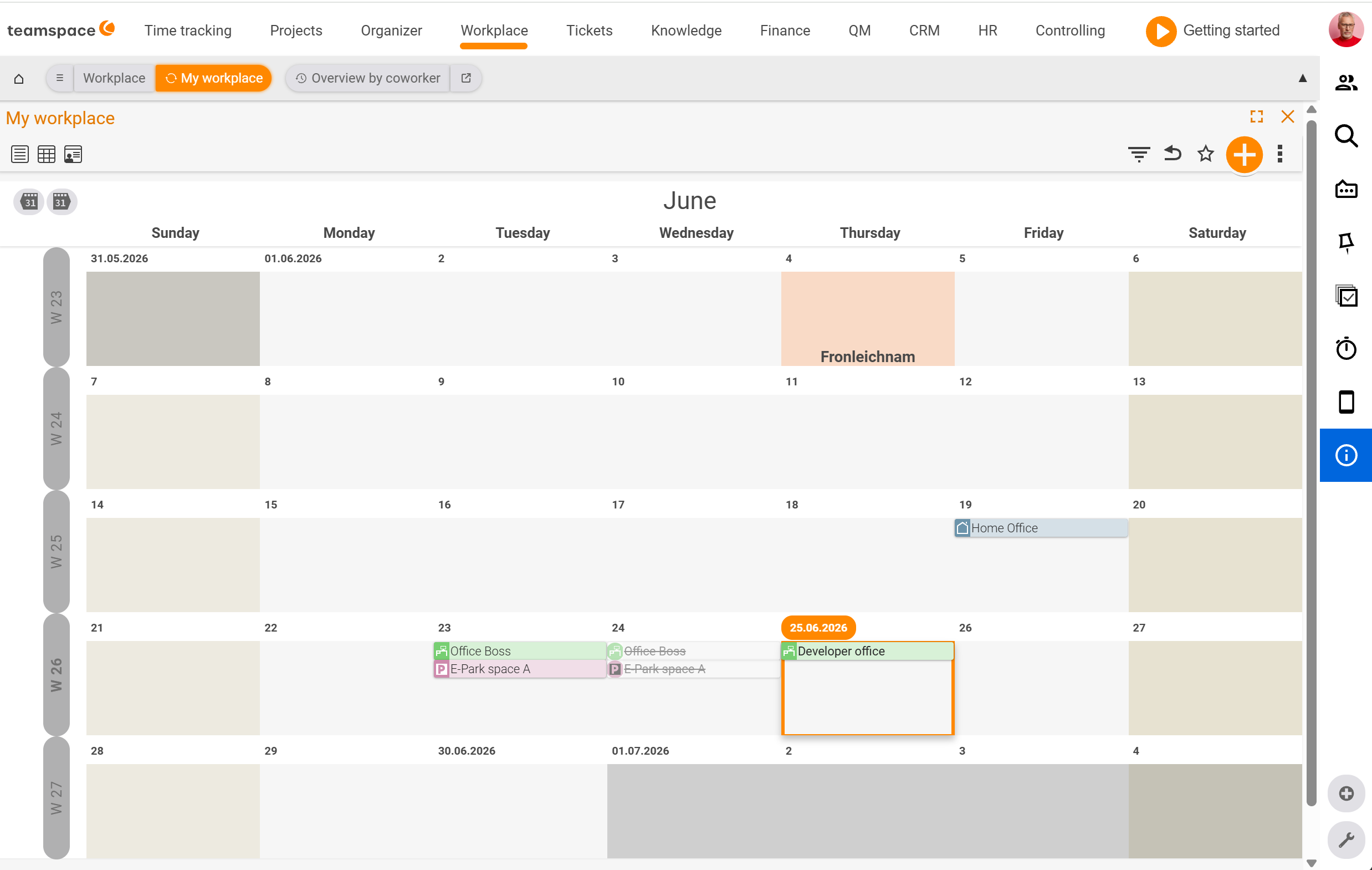 My workplace as a month grid for June with weekdays as columns and calendar weeks as rows; today (19 June) is highlighted, a home-office booking visible