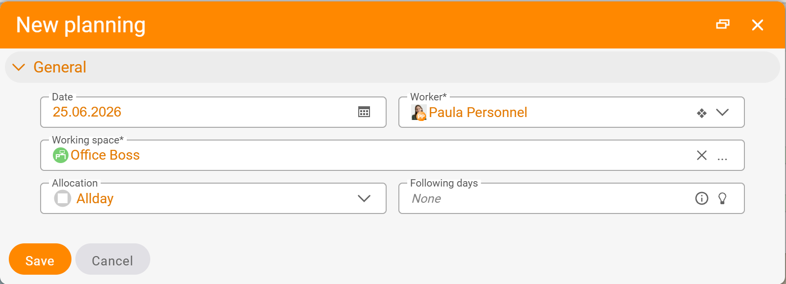 New booking dialog with the fields Date, Employee (Pia Personal), Workplace (Single office B), Occupancy (Full day) and Following days