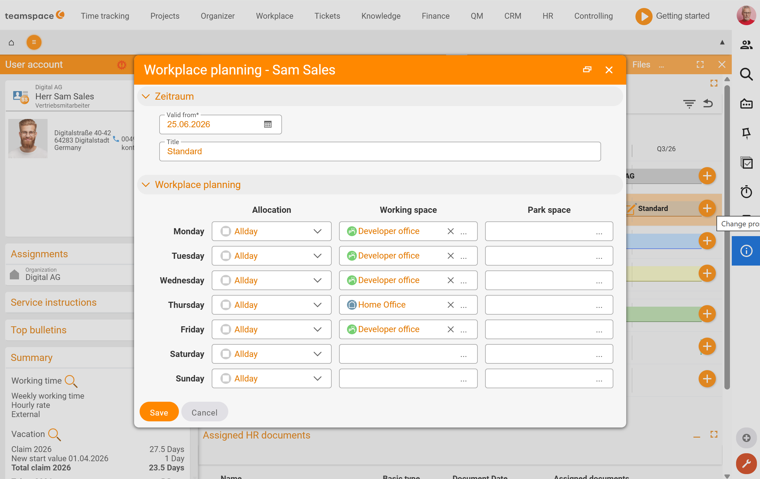 Workplace booking dialog for an employee with a valid-from date and, for each weekday (Monday to Friday), an occupancy and a resource