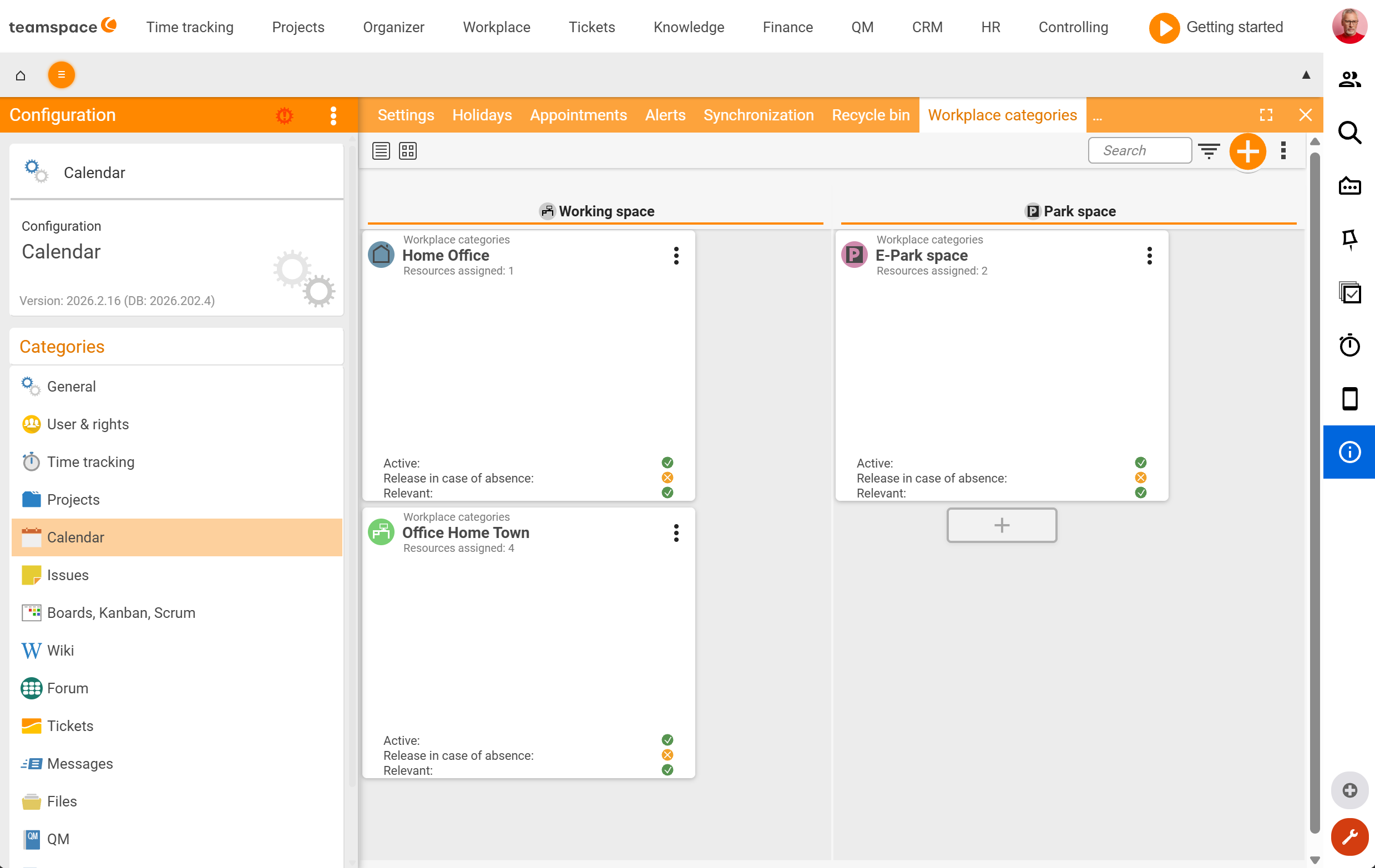 System configuration under Calendar, Workplace categories tab with the category cards Home office, Office Digitalstadt and EV parking, grouped by Workplace and Parking