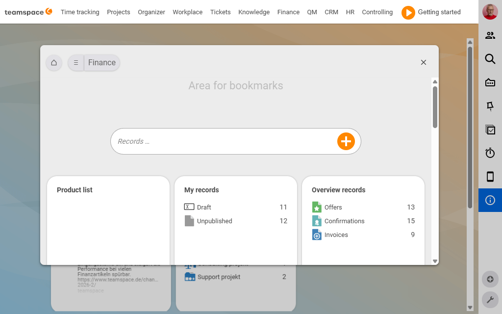 Finance module overview with the main menu (ten entries) and the module's tiles