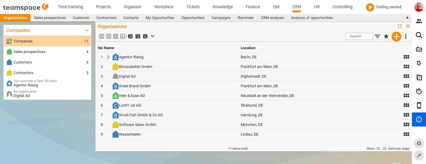 Organisations list in the CRM with display icons, quick filters and quick search