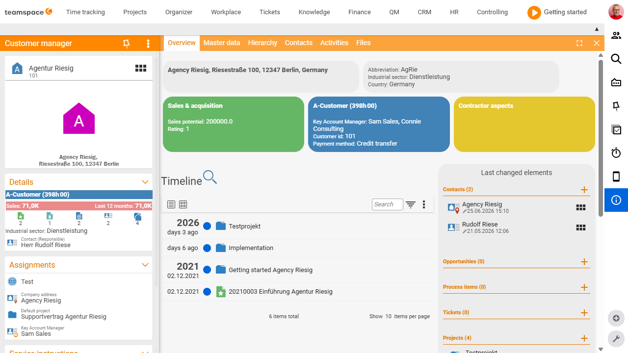 Detail manager of an organisation with tab bar, left sidebar and list of linked elements