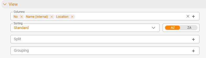 Display configuration with the four view icons and the column selection for adding columns