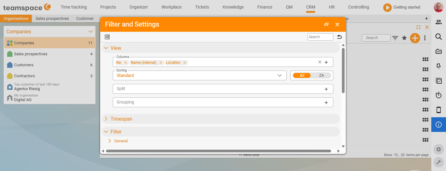 Filter area 'Settings and filters' with search field, columns, time range and content filters