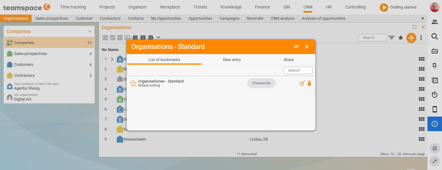 Star dialog for saving a view with the tabs bookmark list, save as new and share