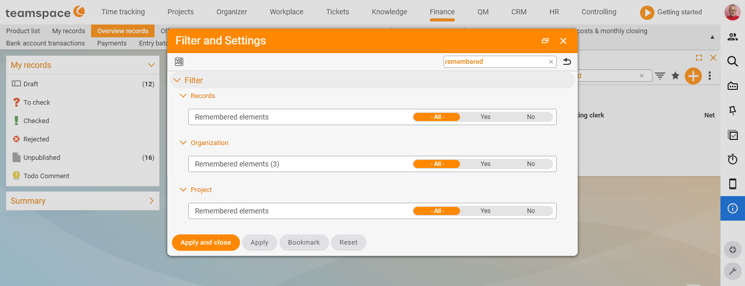 Filter dialog of a documents list, search field with remembered elements, filter Remembered elements set to Yes