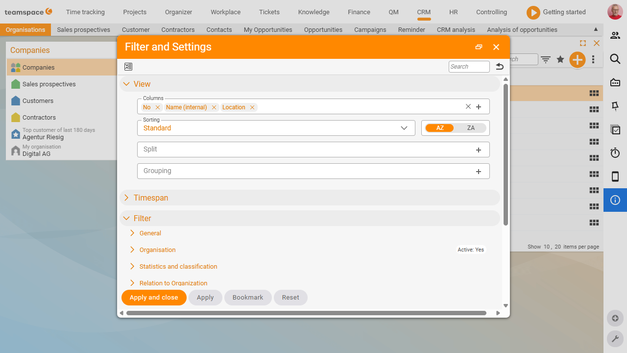 Dialog Settings and filters with the view area (columns, sorting, split, group), the time-range area and the content-sorted filters