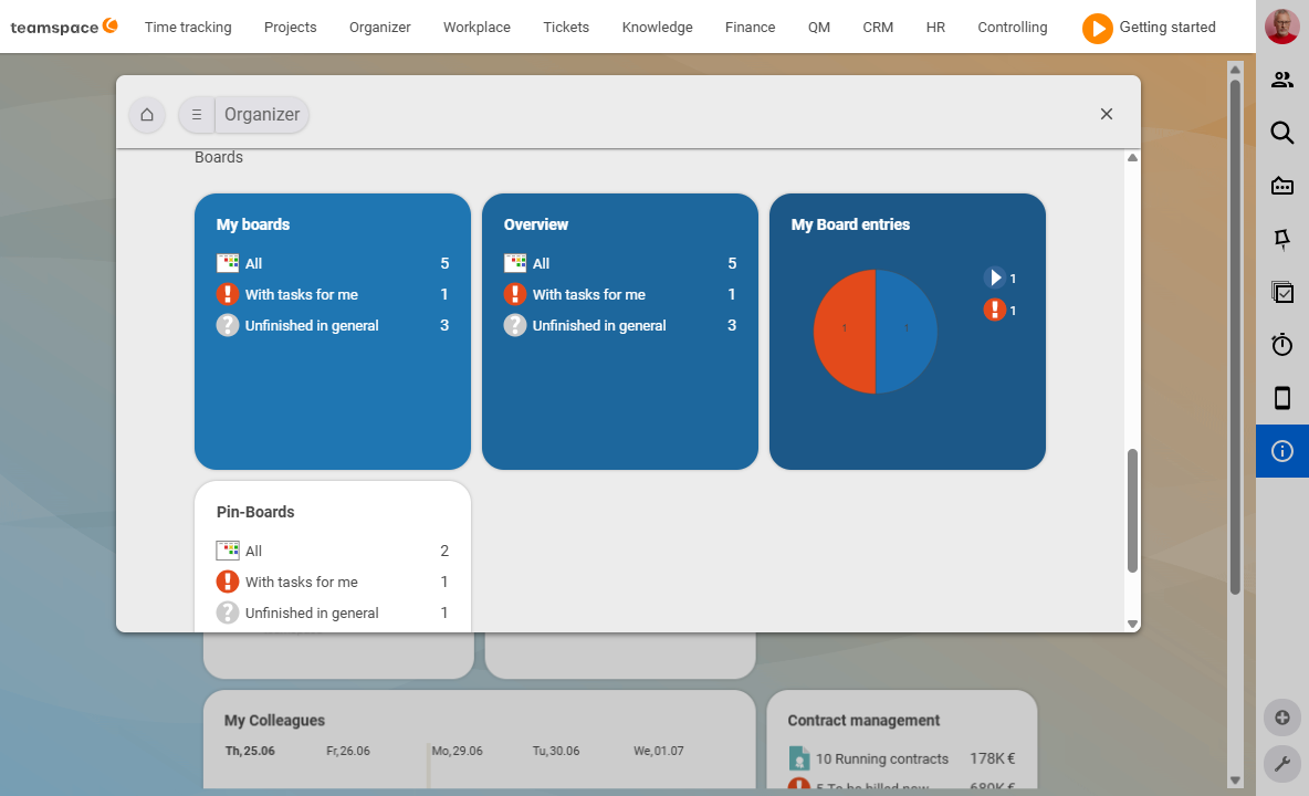 Organizer with the 'Boards' section – My boards, Overview and My board entries