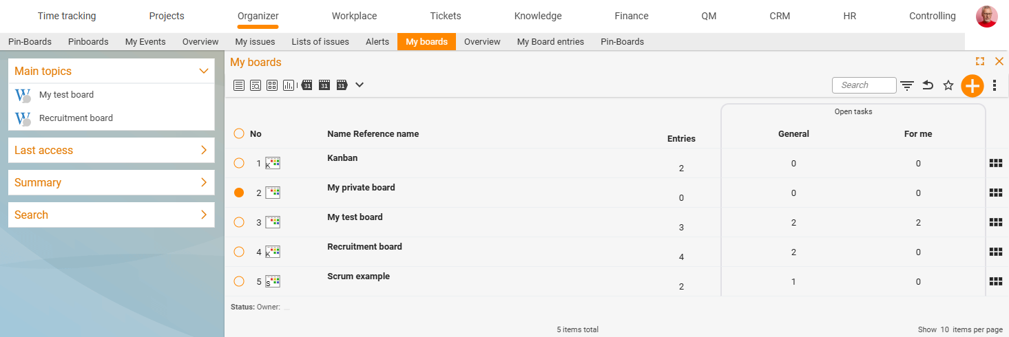 'My boards' list with the personal pin board highlighted