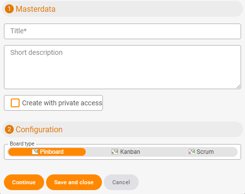 Creation dialog – basic data of a new board