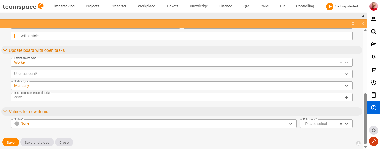 "Update pin board with open tasks" – configuration