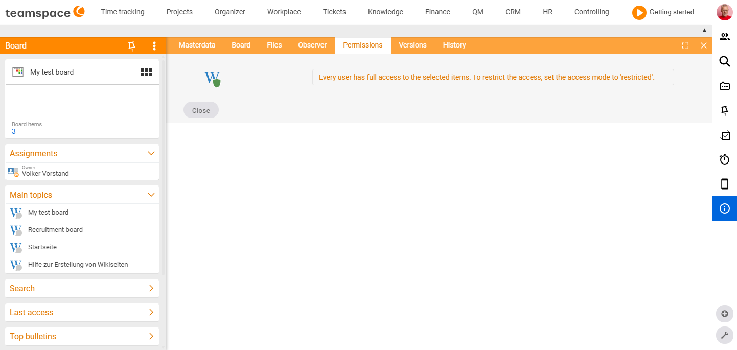 Permissions tab – access modes (unrestricted/restricted/private)