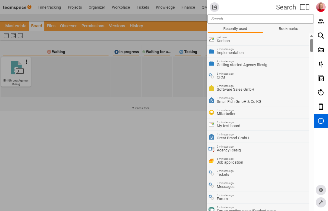 Drag an element from the "Recently used" sidebar onto the board via drag & drop