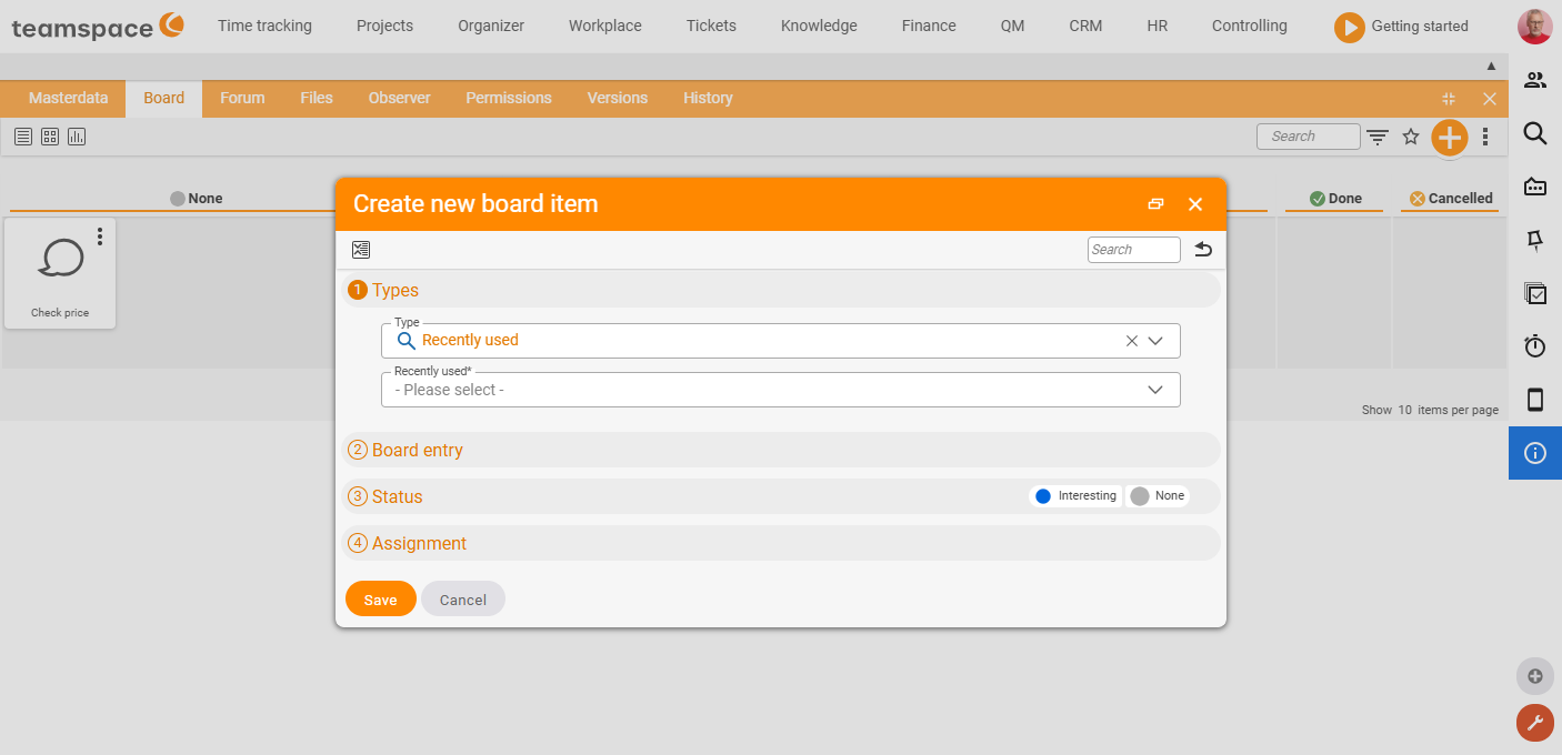 Board with the Create new board entry dialog: type (e.g. Recently used), element selection, status and assignment