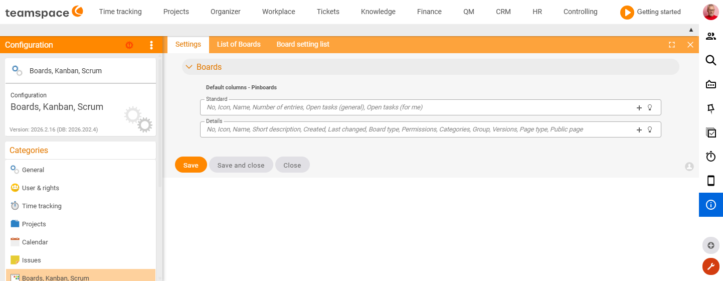 Boards, Kanban, Scrum configuration with default columns for the Standard and Details view