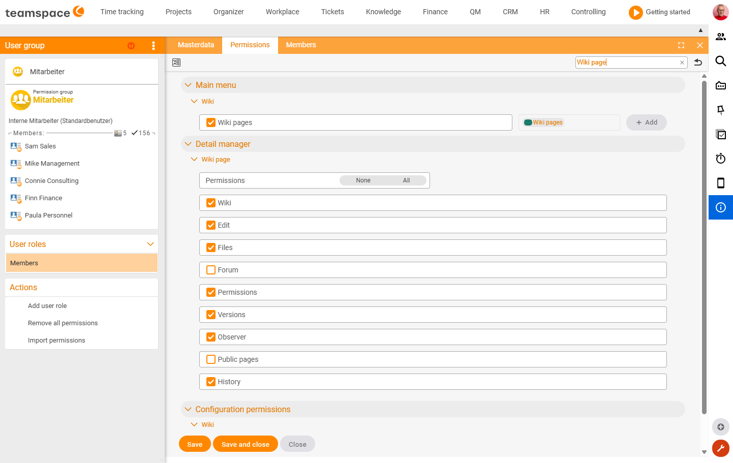 User group → Permissions → Wiki page with checkboxes for the visible areas