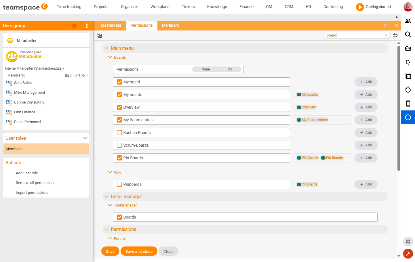 User group permissions filtered by "board" – main menu, detail manager and configuration rights