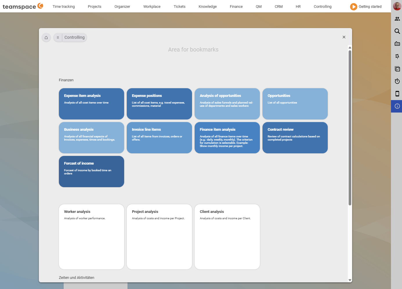 The Controlling module: tile overview of all reports in the Bookmarks area, grouped into Finance and Times and activities.