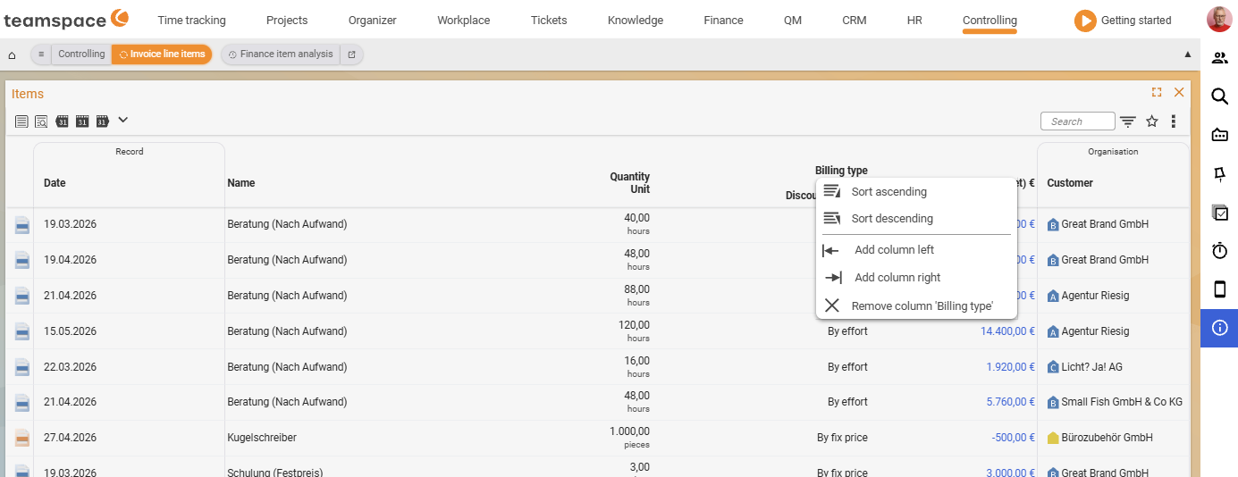 Context menu on the Billing method column heading with Sort ascending, Sort descending, Add column to the left/right and Remove column